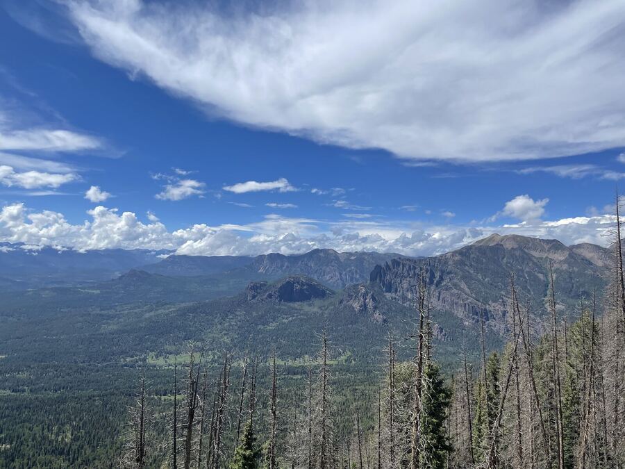 A broad forested valley under a great sweep of cloud