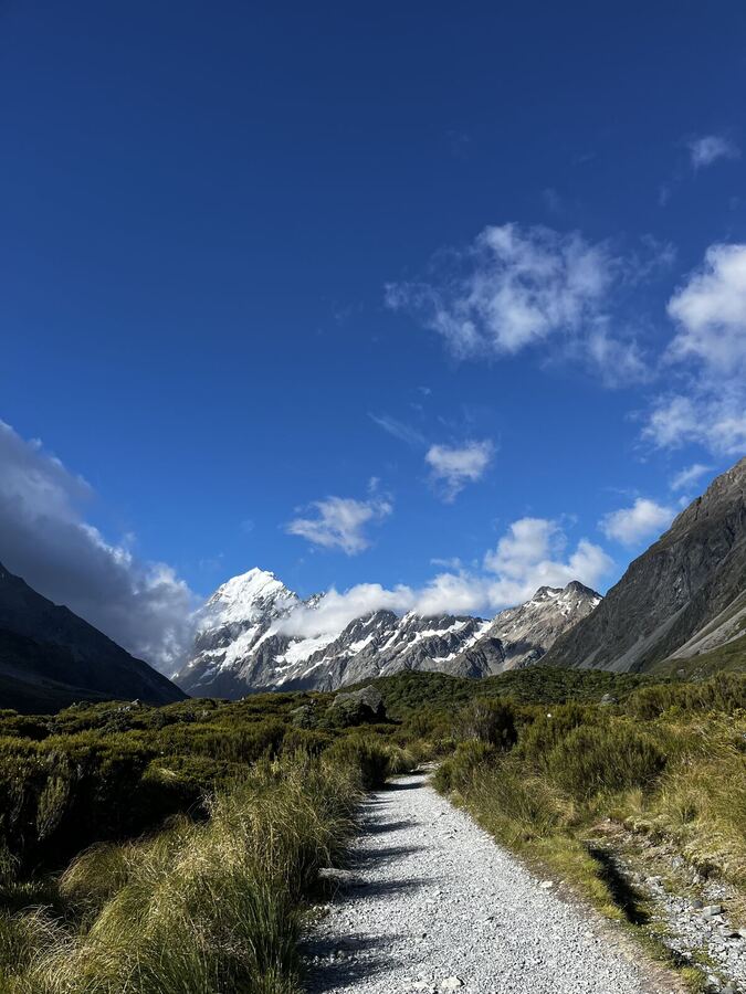 A gravel path leading up a valley toward a snowy summit
