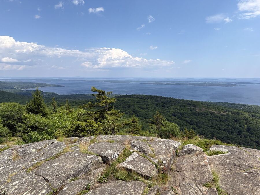 A granite summit overlooking forest and the sea